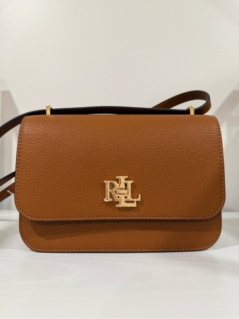 Ralph Lauren Brown Pebbled Leather Shoulder Bag with Gold RL Emblem